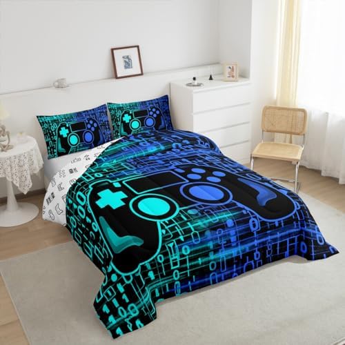 Feelyou Kids Boys Blue and Green Gamer Comforter Set Full Size, Geometric Teens Gaming Bedding Set for Game Comforter Game Room Duvet Set Gamepad Microfiber Bed Set Room Decor Set Bedding Collection - Image 4