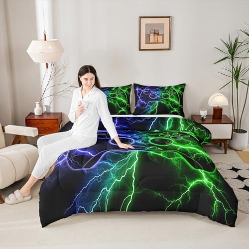 Gamer Comforter Set Gaming Full Size Bedding Sets, Game Boy Games Comforter Blue Green Lightning Bed Set,Kids Room Decor - Image 3