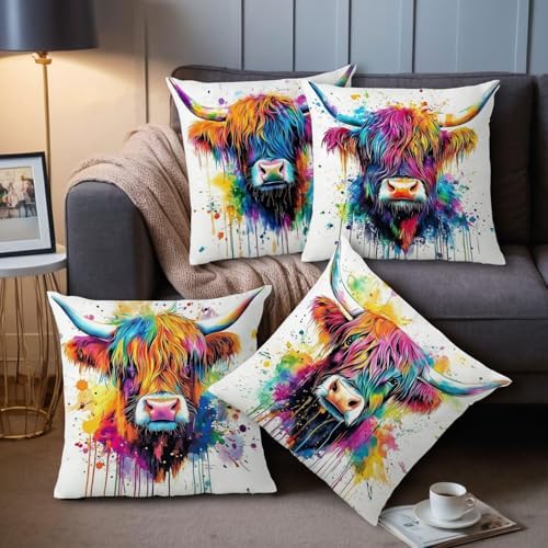 Highland Cow Pillow Covers for Couch Graffiti Cows Pattern Decorative Pillowcase Bedroom Living Room Decor Modern Farmhouse Western Animal Print Cushion Case Bed Sofa Home Decoration 18x18" Set of 4 - Image 2
