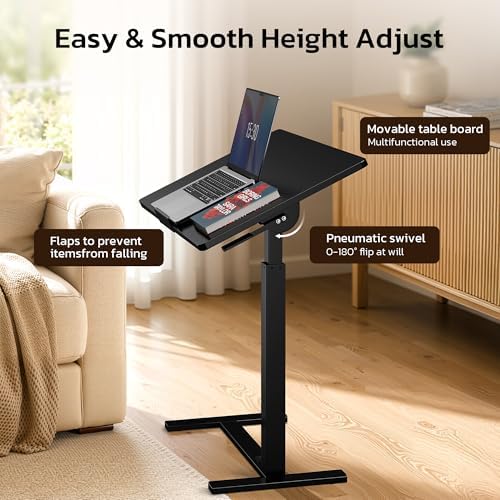 Mobile Standing Desk Adjustable Overbed Table, Pneumatic Height Adjustable Rolling Laptop Desk with Hidden Wheels, 0-180°Tilt Top Rolling Computer Cart Foldable for Home Office, Craft & Study, Black - Image 4