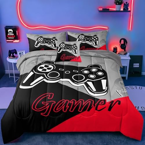 6 Pieces Gaming Bedding Set Full Size for Boys Gamer Comforter Set for Boys Girls Kids Teens 6 Piece Bed in A Bag Video Game Bedding for Gamer Room Decorative Full08 by ZJianHOME