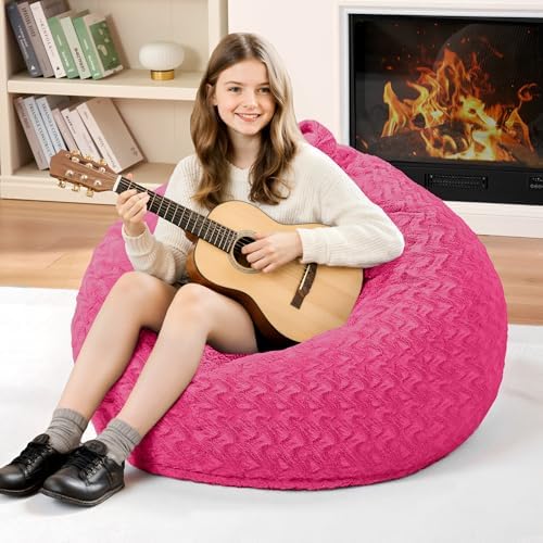 2FT Bean Bag Chair,Giant Bean Bag Chairs for Adults,Big Bean Bags with Memory Foam Filled, Large Beanbag Chairs with Chevron Plush Cover-Pink by HABUTWAYMakeYourLifeComfortable