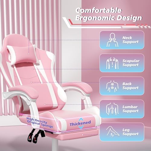 Magshion Video Gaming Computer Chair with Footrest, Pink/White | Ergonomic, Lumbar Support, Adjustable Height, Racing Style, High Back Recliner, Comfy Leather, Swivel Seat, for Home Office - Image 5