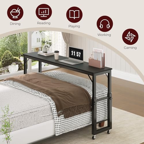 MAHANCRIS Overbed Table with Wheels, Mobile Bed Desk for Queen Size, 36"-43.5" Adjustable Height Rolling Table, Recliner Desk, Mobile Cross Bed for Bedroom, Living Room, Office, Black MTBK18001 - Image 5