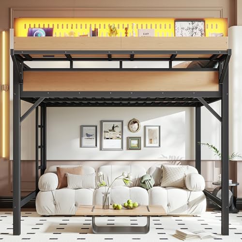 KEIKI Full Size Loft Bed Frame with Storage Shelves & Pegboard, Heavy Duty Metal Loft Bed with USB Ports and LED Lights for Teens Adults Guest Rooms Apartments Study Spaces & Modern Bedrooms - Image 3
