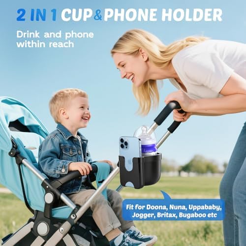 2 Pack Cup Holder for Walker: Stroller Cup Holder with Phone Holder Black - Image 2