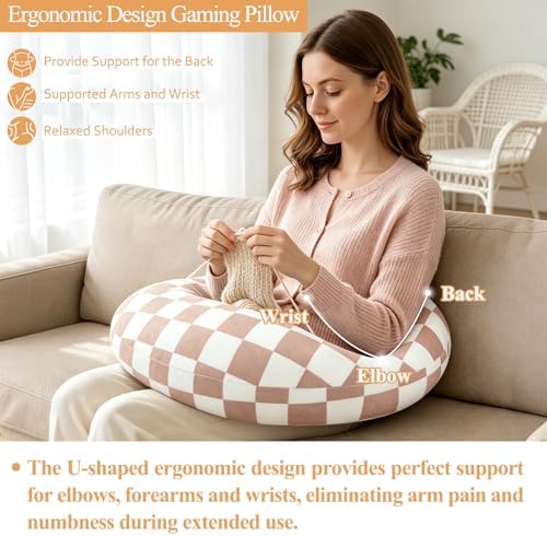 Ergonomic U-Shaped Gaming & Lap Pillow for Crocheting - Cute Geometric Grid Crochet Pillow with Elbow & Arm Support, Lap Desk Pillows for Reading, Playing or Crocheting, Suitable for Adults - Brown - Image 2