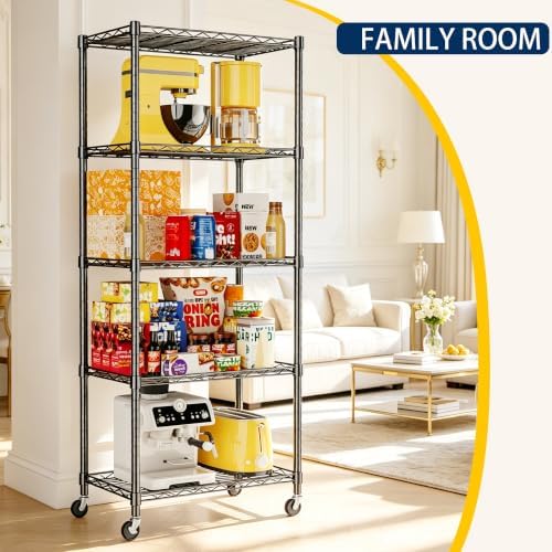 REGILLER 5-Wire Shelving Metal Storage Rack Adjustable Shelves,Standing Storage Shelf Units for Laundry Bathroom Kitchen Pantry Closet(Black,11.8" D x 21.2" W x 55" H,With Wheels) - Image 5