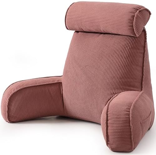 Corduroy Reading Pillow with Arms & Detachable Neck Roll, Bed Rest Back Support, Adult Cushion for Sitting Sofa & Floor, Side Pockets & Washable Cover, Brick Brown by Ailuteie