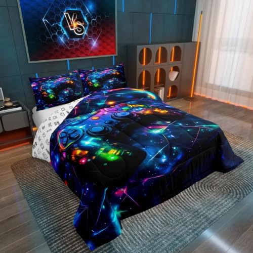 Feelyou Kids Gamer Comforter Set Toddler Size, Galaxy Gaming Bedding Set Glitter Game Comforter Boys Girls Gamepad Teens Duvet Set Bedroom Decor Bed Set 2Pcs - Image 3