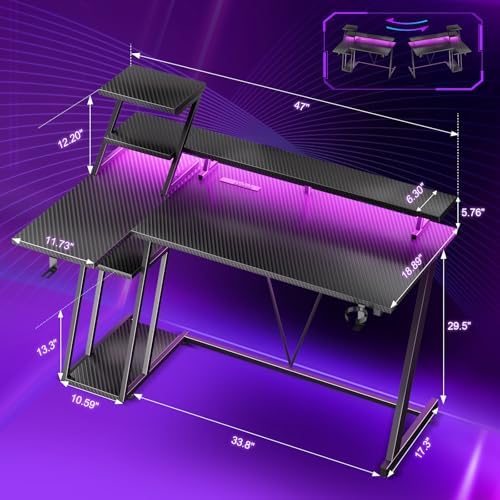 Korfile 47 Inch Gaming Desk with LED Lights & Power Outlet, L Shaped Computer Desk with Storage Shelves, Gamer Workstations with Monitor Stand for Bedroom, Carbon Fiber Black - Image 2
