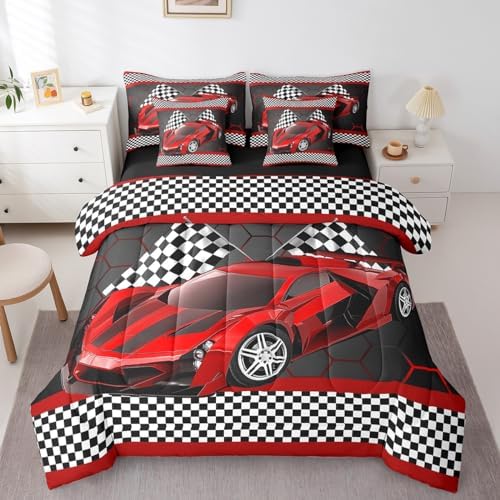 Feelyou Race Car Queen Comforter Set with Sheets for Kids Boys Black White - Image 3