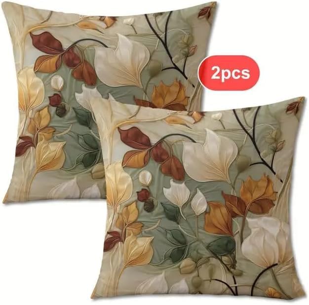 Decorative Throw Pillow Covers, Vintage Floral Pattern in Sage Green and Brown, 2 Pack Square Cushion Cases with Autumn Leaves Design，20x20 Pillows Linen Pillowcase - Image 5