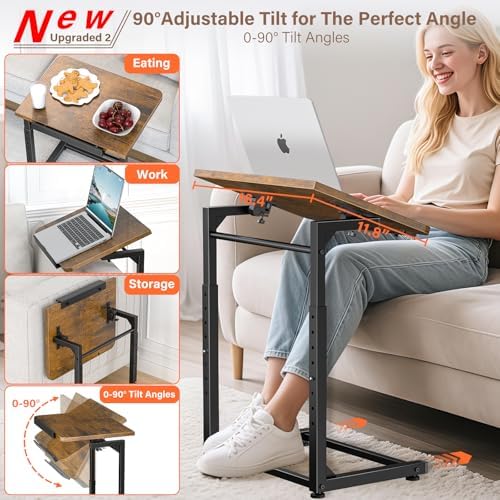 Tv Tray Table, 8-Level Adjustable Height Couch Side Table，90° Tilt Angle Adjustments C-Shaped End Table, with Phone & Tablet Slot Sofa Computer Desk for Couch, Sofa, Bed, Chair, Living Room (Brown) - Image 4