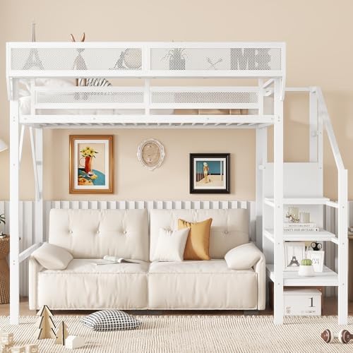 KEIKI Twin Size Metal Loft Bed Frame with Convertible Staircase, Built-in Storage Shelves & Wardrobe, Loft Bed with Solid Slats & Guardrail, No Box Spring Required, Easy Assembly, for Bedroom, White - Image 3