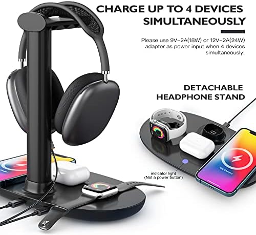 Headphone Stand with 15w Wireless Charger, Suguder 4 in 1 Charging Station Headset Holder for AirPods Max/Pro/4/3/2 iWatch 10/9/8/7/6/5/4/3/2/1/SE iPhone 17/16/15/14/13/12/11/X for Desktop Table Game - Image 3