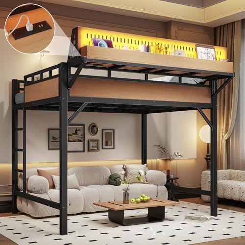 KEIKI Full Size Loft Bed Frame with Storage Shelves & Pegboard, Heavy Duty Metal Loft Bed with USB Ports and LED Lights for Teens Adults Guest Rooms Apartments Study Spaces & Modern Bedrooms - Image 5