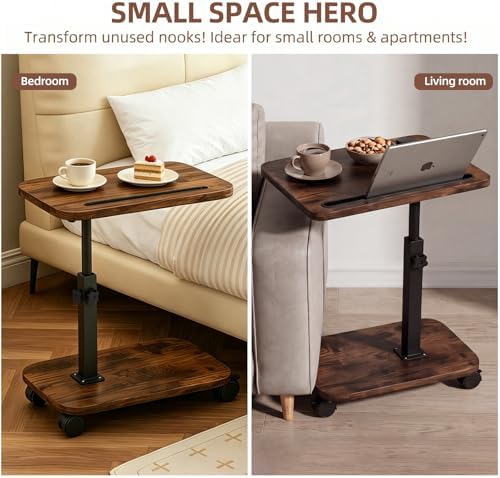 Adjustable TV Tray Side Table 360°Swivel Rolling, Rustic Brown - Image 7