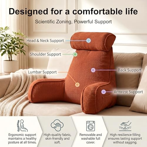 Pillow with Arms for Sitting Up in Bed, Reading Backrest Pillow, Corduroy Back Support Cushion with Side Pockets & Washable Cover, Bed Rest Pillow for Bed Sofa Couch Relax Support, Brick Red - Image 3