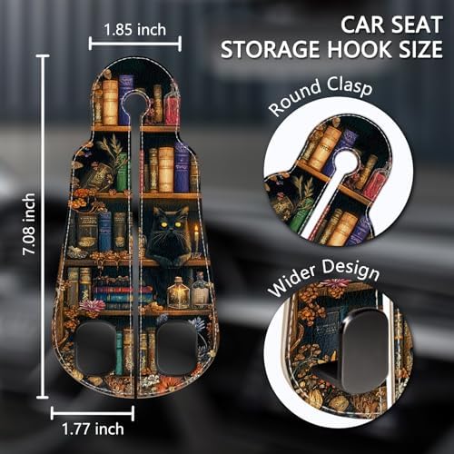 Blusabaca 2PCS Car Hooks for Purses and Bags, Goth Gothic Bookshelf Black Cat Seat Back Storage Headrest Holder Hanger PU Leather Double Metal Backseat Organizer, Women Car Accessories Organization - Image 5