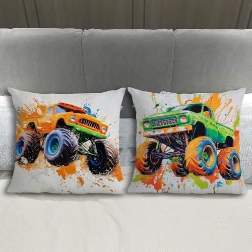 Monster Truck Throw Pillow Cover 20x20" Set of 4, Multicolor Cartoon Car Pillowcase for Sofa Couch Bed Soft Decorative Pillow Cover Kids Boys Room Monster Truck Cushion Covers Party Home Decorations - Image 4