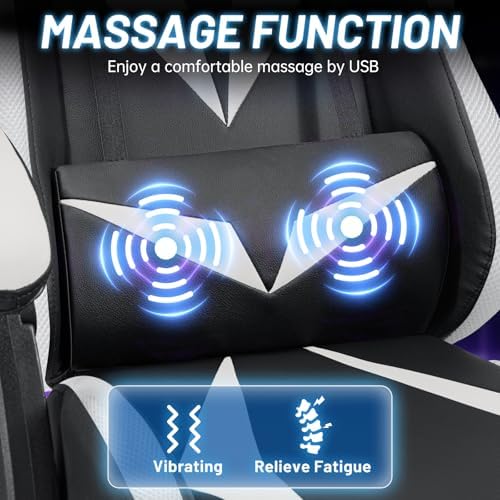 LED Gaming Chair with Speakers RGB Lights Massage Computer Chairs-White | Bluetooth Game Chairs for Adults;Ergonomic High Back Video Game Chair; Reclining Gamer Chair with Footrest Lumbar Support - Image 6