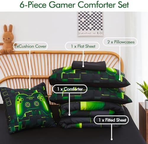 PERFEMET 6 Pcs Full Size Gamer Comforter Set Boys Green Game Console Bedding Set for Kids Teen 3D Black Video Gaming Pattern Bed in A Bag for All Seasons(Green, Full) - Image 3