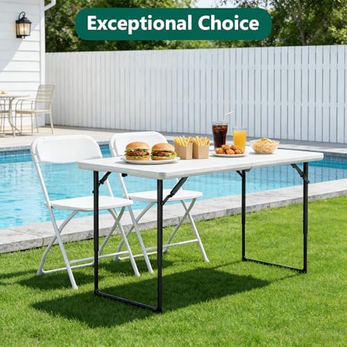 4ft Folding Table with Adjustable Height, Heavy Duty Fold-in-Half Plastic Table with Steel Legs, Portable for Indoor, Outdoor, Picnic, Camping, Dining, Party, White - Image 4