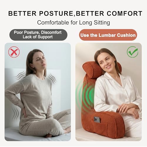 Pillow with Arms for Sitting Up in Bed, Reading Backrest Pillow, Corduroy Back Support Cushion with Side Pockets & Washable Cover, Bed Rest Pillow for Bed Sofa Couch Relax Support, Brick Red - Image 5