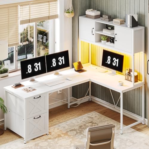 SEDETA Farmhouse White L Shaped Office Desk with Drawers, Storage Shelves by SEDETA