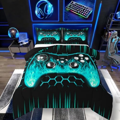 Erosebridal Ombre Art Honeycomb Gaming Consoles Bedding Set Teal Neon Lights Game Consoles King Size Comforter Set Geometry Hexagon Beehive Duvet Insert Gamer Room Decor for Boys by Erosebridal
