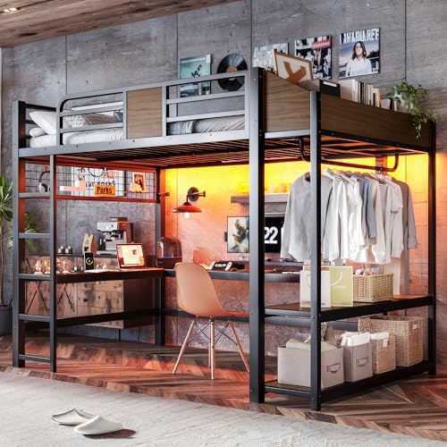 Bellemave Full Size Metal Loft Bed with L-Shaped Desk, LED Lights & Charging Station, Heavy Duty Loft Bed Frame with Hanging Rod and Storage Shelves for Kids, Teens & Adults, Space Saving,Black by Bellemave