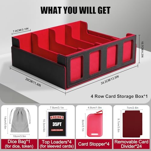 Kabinka Trading Card Storage Box with Commander Display, 4-Row Deck Case with Removable Lid; 2400+ Card Deck Box for MTG TCG Sports Card, 4 Top Loaders, 4 Stoppers, 24 Dividers,1 Dice Bag (Black Red) - Image 3