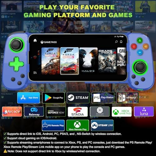 Phone Game Controller for iPhone 17/Android/PC/Switch, Play COD, Genshin,Support Streaming on PS5/Xbox/PC Console, Cloud Gaming Wireless Gamepad Joystick, Turbo/6-Axis Gyro/Dual Motor, Green Light, Blue - Image 3
