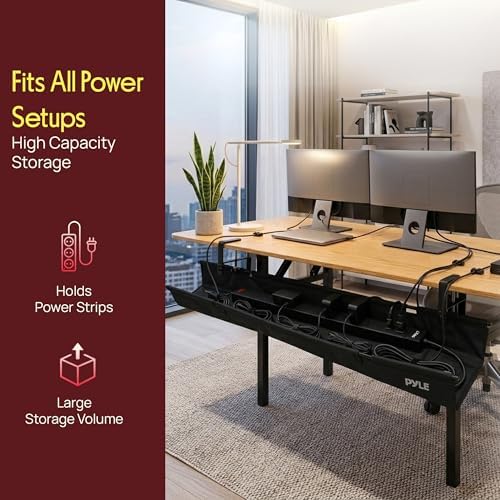 Pyle 48" Under Desk Cable Management Tray, Under Desk Wire Organizer with Clamp or Screw Mount, Desk Cable Organizer with Fabric Design for Large Workstations, Built-in Ties, 20 lb Capacity, Black - Image 2