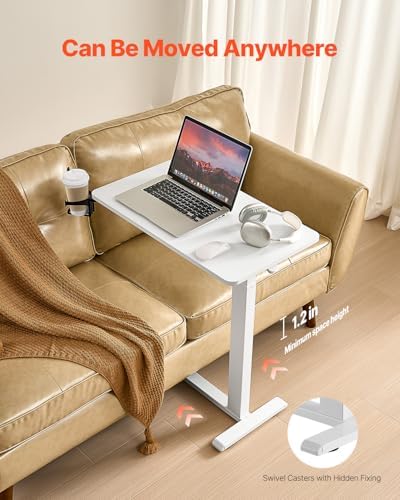 VEVOR Overbed Table, Over Bed Table with Wheels Adjustable Height, Mobile Hospital Bed Table, Rolling Laptop Desk with Fixed Top & Cup Holder, Portable Over Bed Desk for Home, Office, Study, White - Image 6