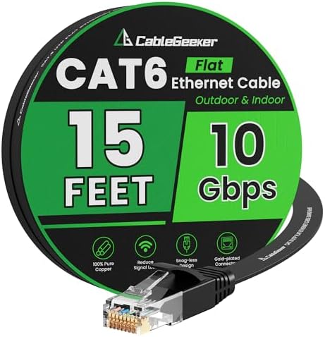 CableGeeker Cat 6 Flat Ethernet Cable 15ft, 10Gbps, Black by CableGeeker