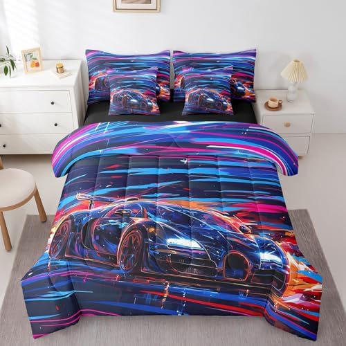 Feelyou Race Car Bedding Set 7 Piece Boys Girls Speed Sports Car King Comforter Set with Sheets for Kids Extreme Sports Bed in a Bag Trippy Automobile Colorful Bed Set Room Decor - Image 3