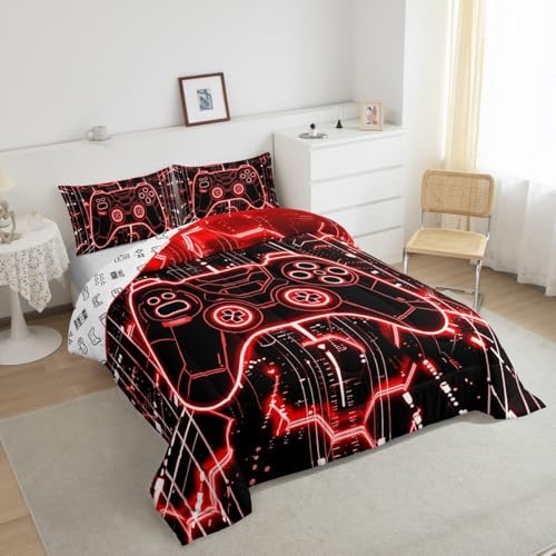 Feelyou Kids Red Gamer Comforter Set Full Size, Honeycomb Gaming Comforter Boys Girls Modern Game Console Bedding Set Gamepad Teens Duvet Set Bedroom Decor Microfiber Bed Set - Image 5