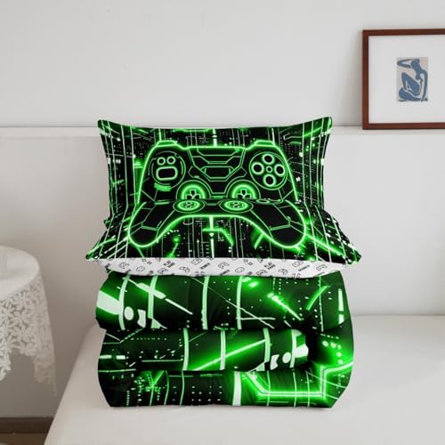 Feelyou Kids Green Gamer Comforter Set Twin Size, Honeycomb Gaming Bedding Set Boys Girls Modern Game Console Comforter Game Teens Duvet Set Bedroom Decor 2Pcs - Image 6