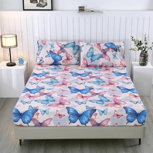 SDIII Colorful Butterfly Queen Fitted Sheet with 2 Pillowcases, Deep Pocket Soft Microfiber Butterfly Bed Sheet Queen for Kids and Teens - Image 2
