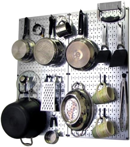 Wall Control Kitchen Pegboard Organizer Pots and Pans Storage Rack Organization Kit with Metallic Silver Pegboard and Black Accessories by Wall+Control