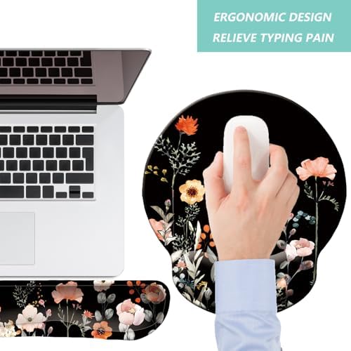 Keyboard Wrist Rest Pad Mouse Pad with Wrist Support Set of 3, Mousepad with Non-Slip Rubber Base, Ergonomic Memory Foam Mouse Wrist Cushion Support for Home Office Laptop Computer, Flower Black - Image 7