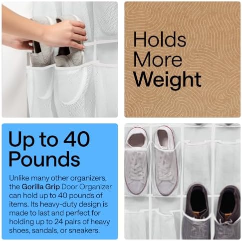 GORILLA GRIP Over the Door Shoe Organizer, 24 Large Pockets, White 2 Pack - Image 3