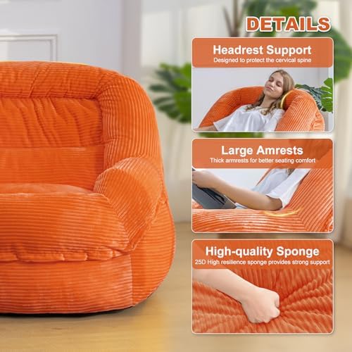 Giant Bean Bag Chair for Adults, Oversized Floor Lounge Chair with Armrests | Orange, soft corduroy and resilient foam for living rooms, bedrooms, reading nooks, gaming rooms, movie nights, and pets - Image 4
