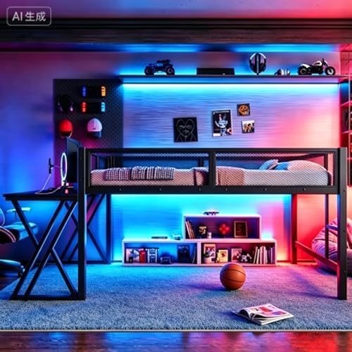 Bellemave Full Size Gaming Loft Bed with Desk, USB Ports & LED Lights, Metal Loft Bed Frame with Mesh Guardrails, Space-Saving for Dorms, Bedrooms, & Gaming Setups (Black/Full) - Image 4