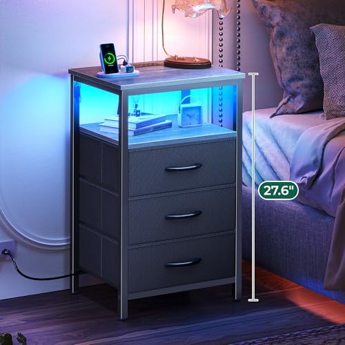 Huuger Night Stand with Charger Station and LED Lights, 3 Drawer Nightstand - Image 4
