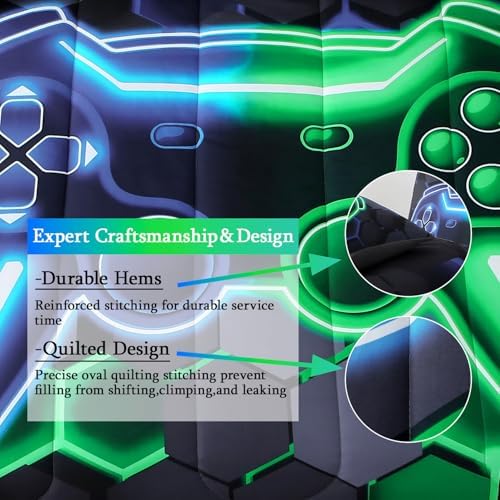 JQinHome Full Gaming Bedding Set 6-Piece Comforter for Kids Teens - 3D Video Game Console Print Bed in a Bag with Ultra-Soft Fluffy Sheets, Blue-Green Unisex Design (Full) - Image 6