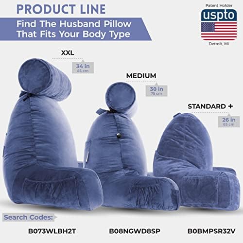 Husband Pillow Medium Reading Pillow with Arms - 23" Backrest for Sitting Up in Bed - Firm Support Bed Rest Pillow for Adults, Neck Roll, Removable Cover - TV, Reading, Lounging - Dark Blue - Image 3