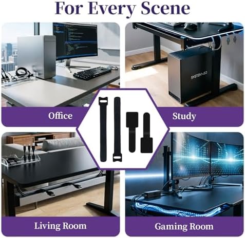 80 Pack Cable Management Kit, Adjustable Hook and Loop Cable Ties, Heavy Duty Detachable Cable Straps and Self Adhesive Hooks, Reusable Cord Holder, Cable Hider for Desk/TV/Home Office, Black - Image 7